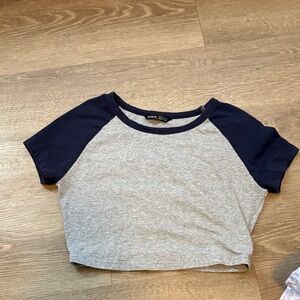 SHEIN Heather Gray Crop Top with Navy Raglan Sleeves